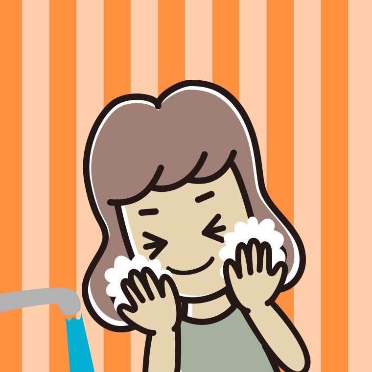 洗顔フォームで顔を洗う女子大学生のイラスト【色、背景あり】PNG