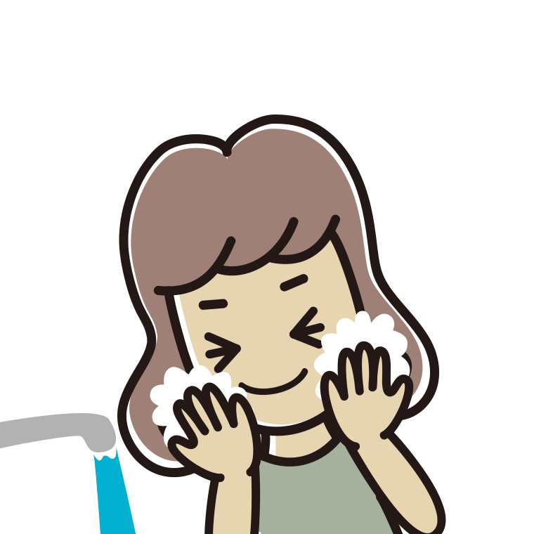 洗顔フォームで顔を洗う女子大学生のイラスト【色あり、背景なし】透過PNG