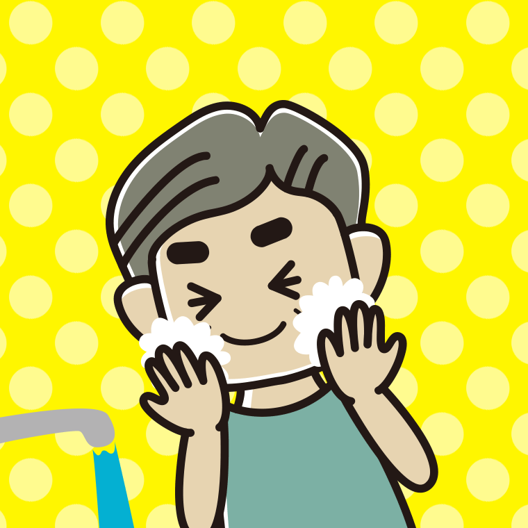 洗顔フォームで顔を洗うおじさんのイラスト【色、背景あり】PNG