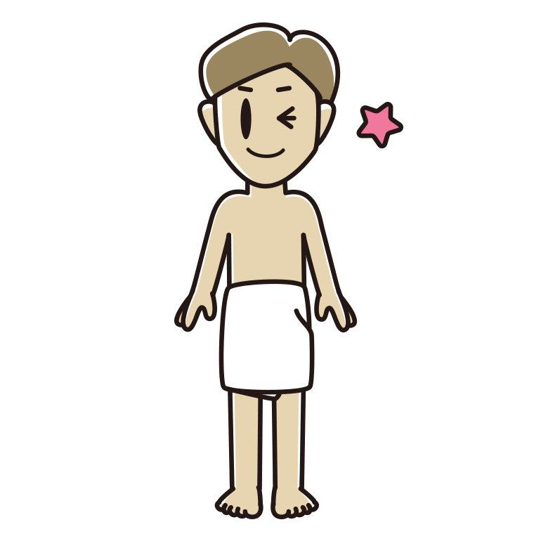 ウインクするバスタオル姿の男性のイラスト【色あり、背景なし】透過PNG