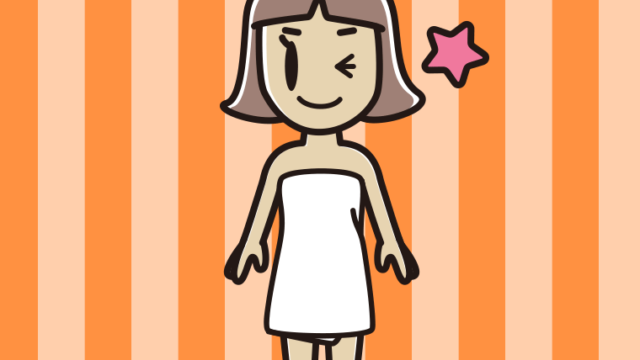 ウインクするバスタオル姿の小学生女子のイラスト【色、背景あり】PNG