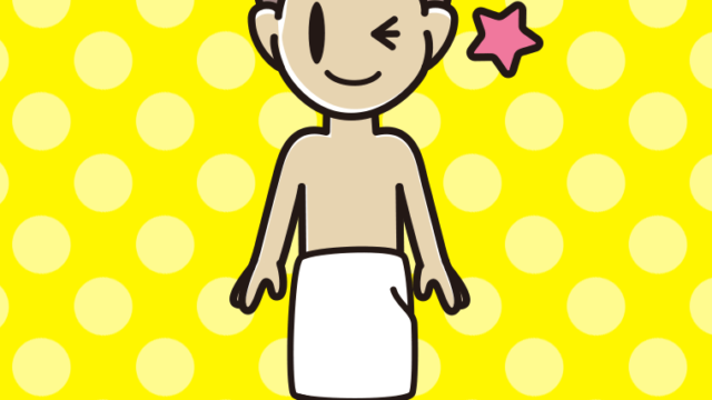 ウインクするバスタオル姿の男子中学生のイラスト【色、背景あり】PNG