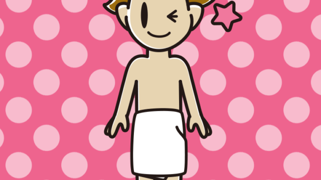 ウインクするバスタオル姿の男子高校生のイラスト【色、背景あり】PNG