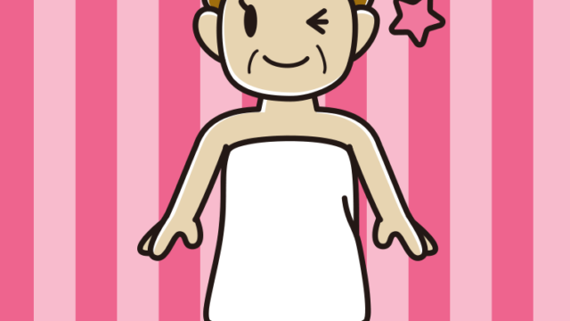ウインクするバスタオル姿のおばさんのイラスト【色、背景あり】PNG