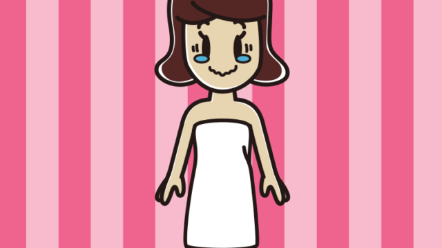 ジーンとするバスタオル姿の女子高校生のイラスト【色、背景あり】PNG