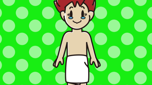 ジーンとするバスタオル姿の男子大学生のイラスト【色、背景あり】PNG