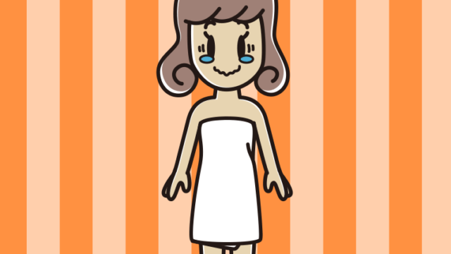 ジーンとするバスタオル姿の女子大学生のイラスト【色、背景あり】PNG