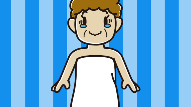 ジーンとするバスタオル姿のおばさんのイラスト【色、背景あり】PNG
