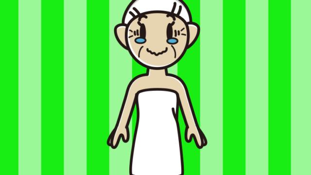 ジーンとするバスタオル姿のおばあさんのイラスト【色、背景あり】PNG