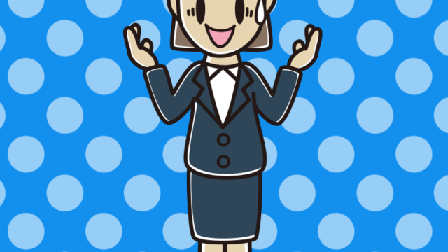 困りながら話す女性会社員のイラスト【色、背景あり】PNG