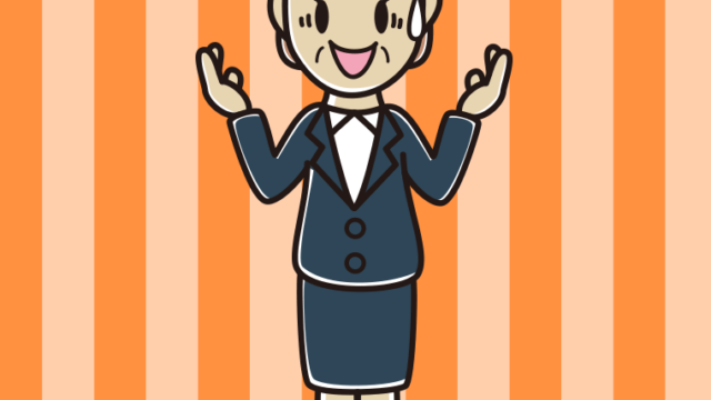 困りながら話す年配女性会社員のイラスト【色、背景あり】PNG