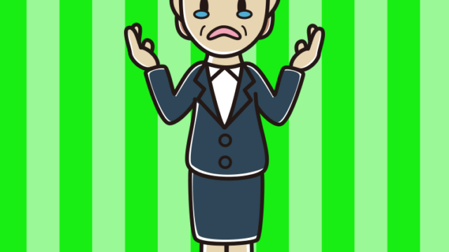 泣きながら話す年配女性会社員のイラスト【色、背景あり】PNG