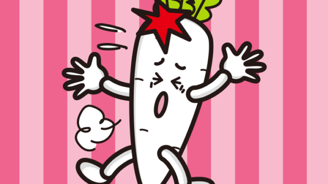 ぶつかる大根ちゃんのイラスト【色、背景あり】PNG