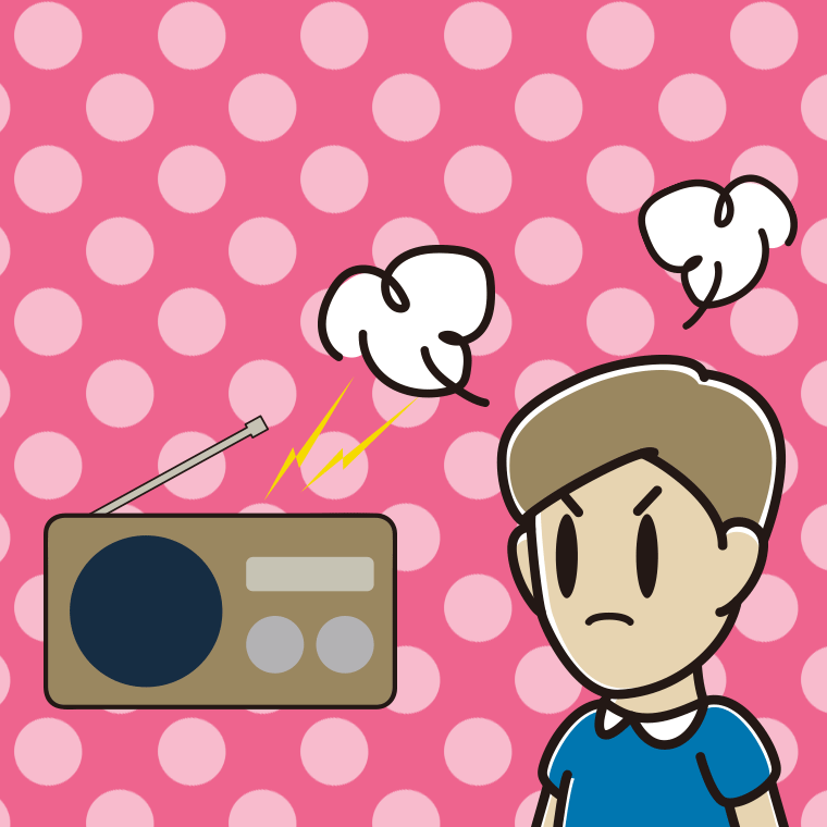 ラジオを聴いて怒る男性のイラスト【色、背景あり】PNG