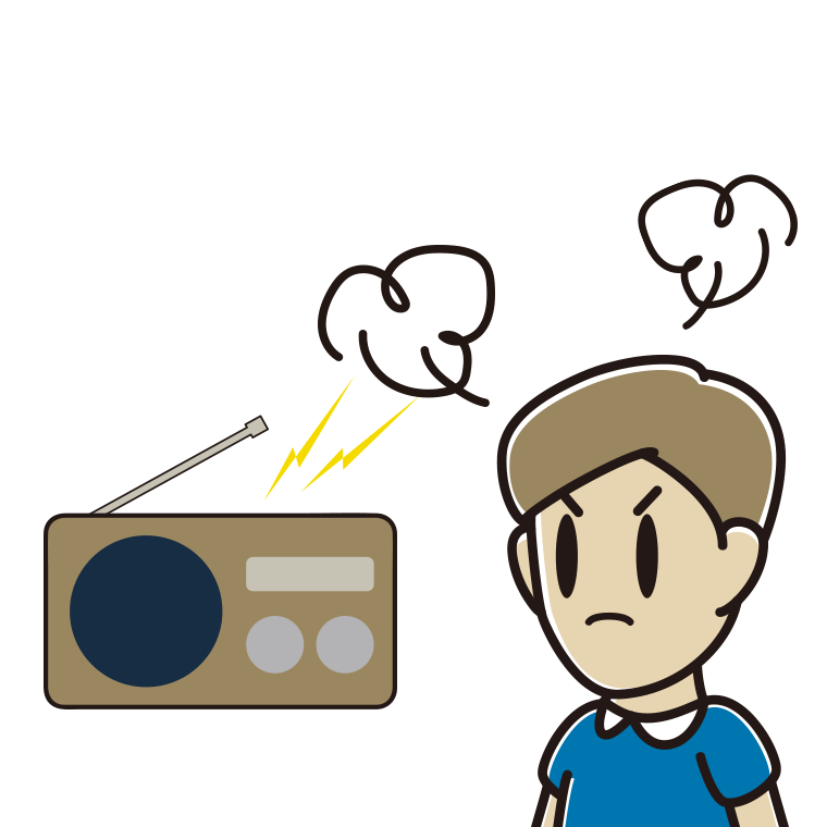 ラジオを聴いて怒る男性のイラスト【色あり、背景なし】透過PNG