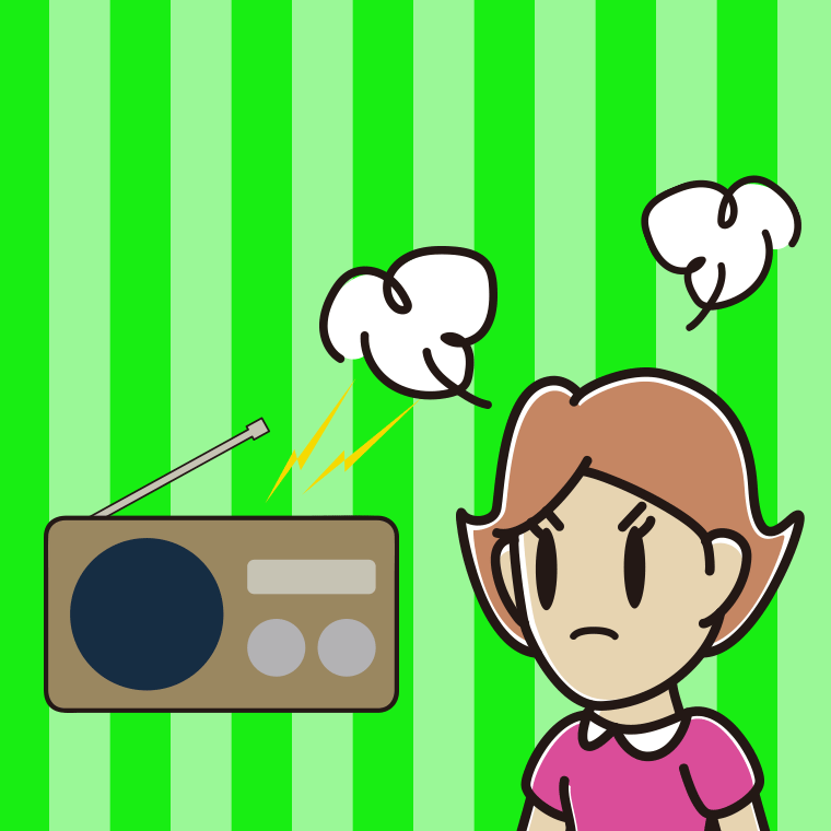 ラジオを聴いて怒る女性のイラスト【色、背景あり】PNG