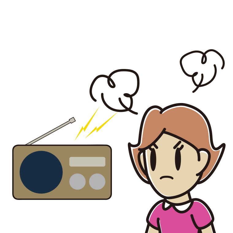 ラジオを聴いて怒る女性のイラスト【色あり、背景なし】透過PNG