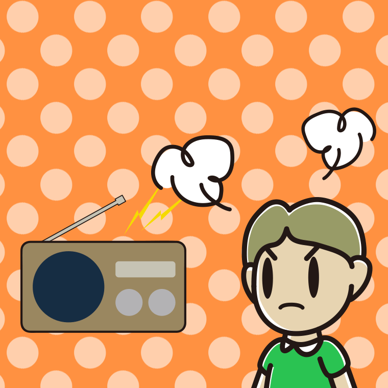 ラジオを聴いて怒る小学生男子のイラスト【色、背景あり】PNG