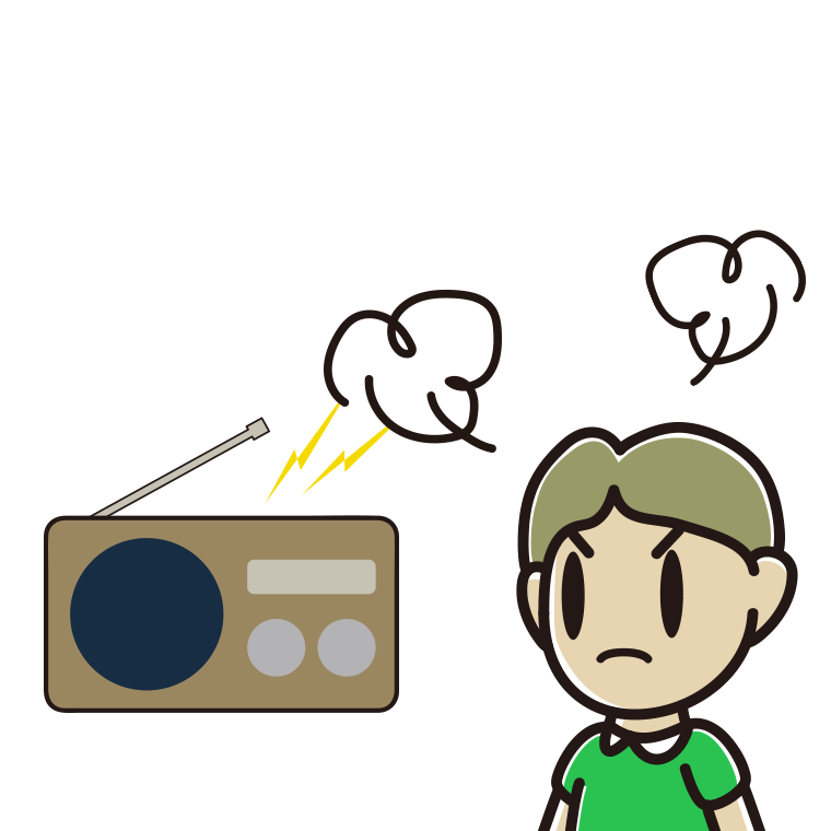 ラジオを聴いて怒る小学生男子のイラスト【色あり、背景なし】透過PNG