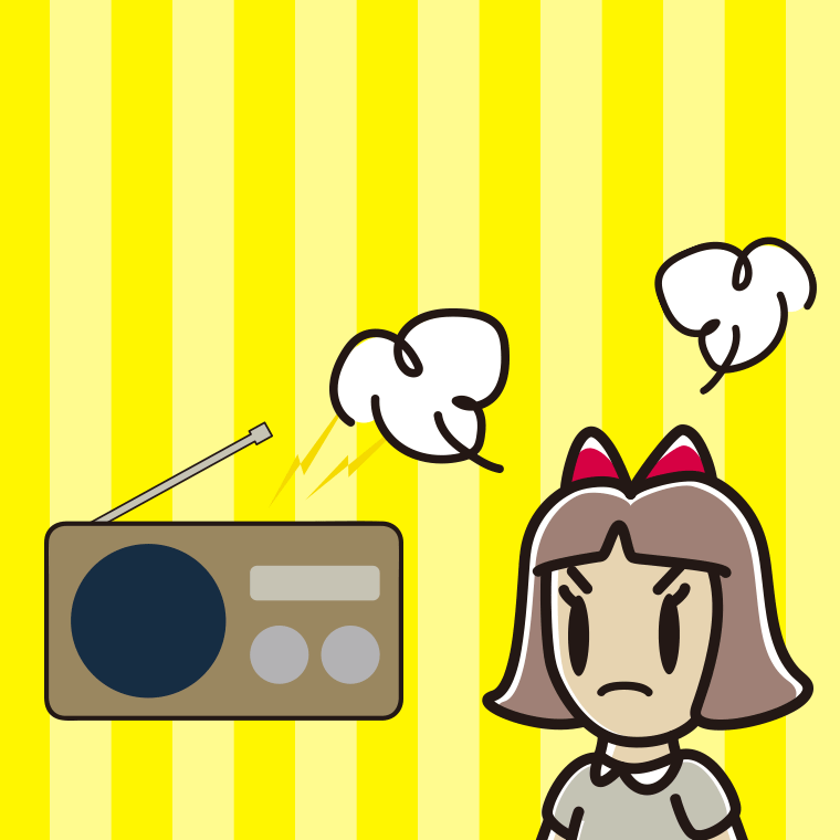 ラジオを聴いて怒る小学生女子のイラスト【色、背景あり】PNG