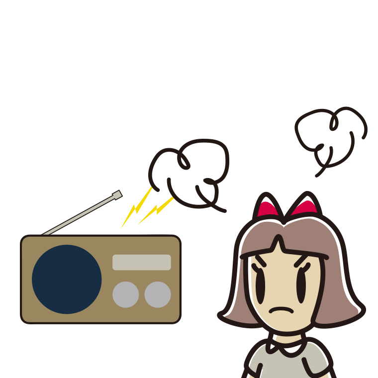 ラジオを聴いて怒る小学生女子のイラスト【色あり、背景なし】透過PNG