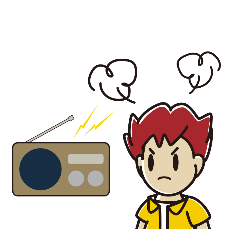 ラジオを聴いて怒る男子大学生のイラスト【色あり、背景なし】透過PNG