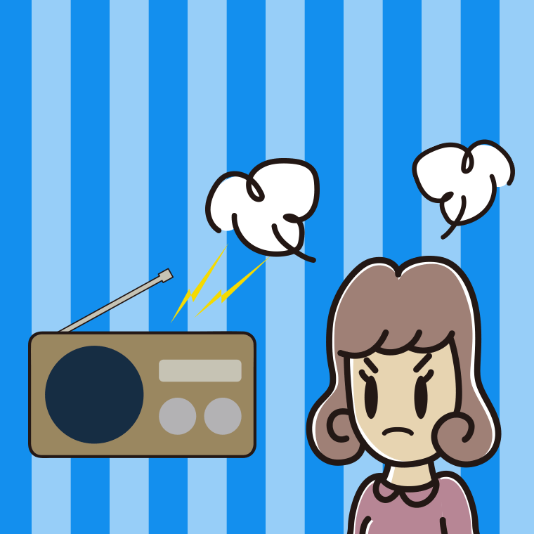ラジオを聴いて怒る女子大学生のイラスト【色、背景あり】PNG