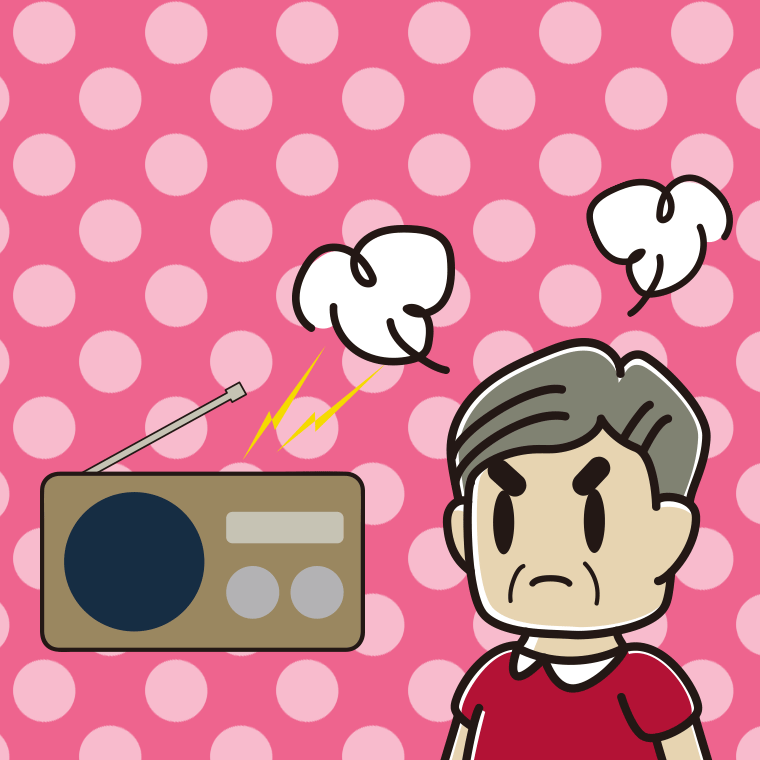 ラジオを聴いて怒るおじさんのイラスト【色、背景あり】PNG