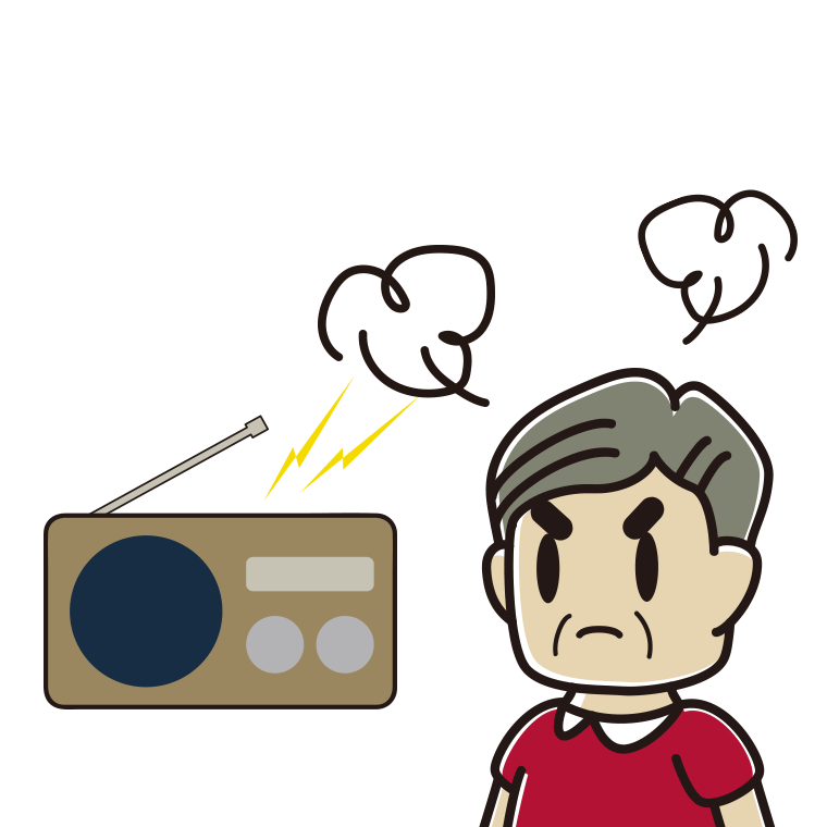 ラジオを聴いて怒るおじさんのイラスト【色あり、背景なし】透過PNG