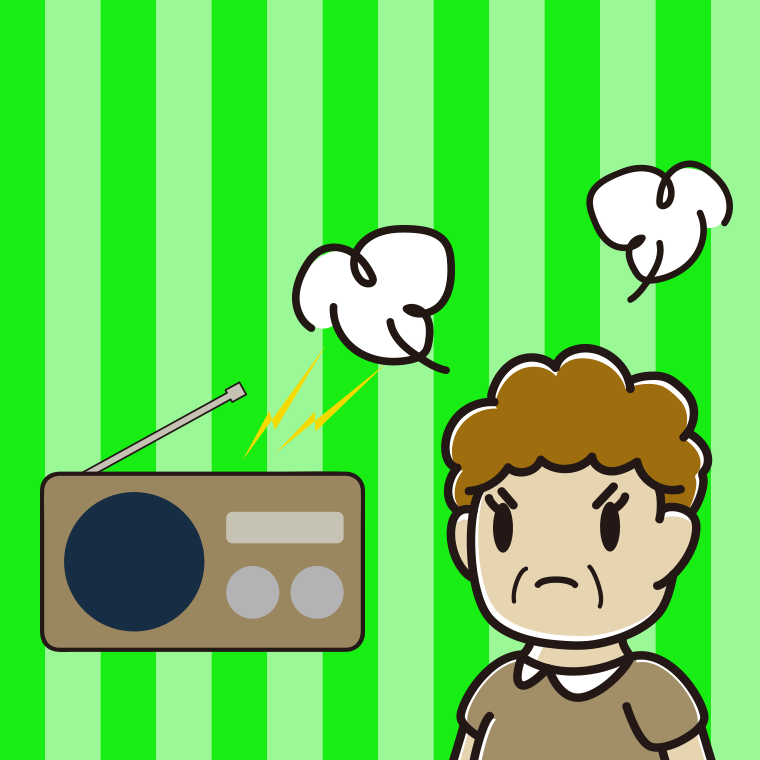 ラジオを聴いて怒るおばさんのイラスト【色、背景あり】PNG