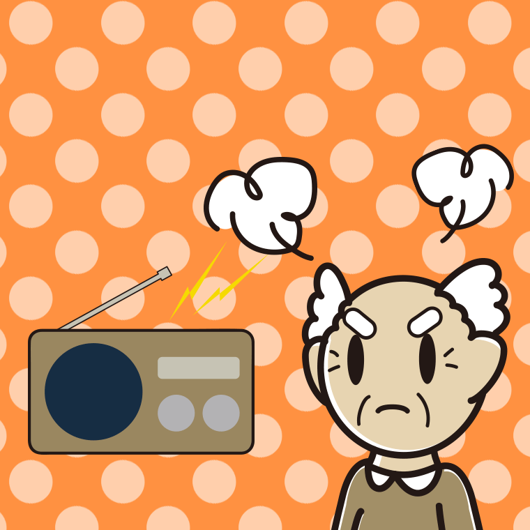 ラジオを聴いて怒るおじいさんのイラスト【色、背景あり】PNG