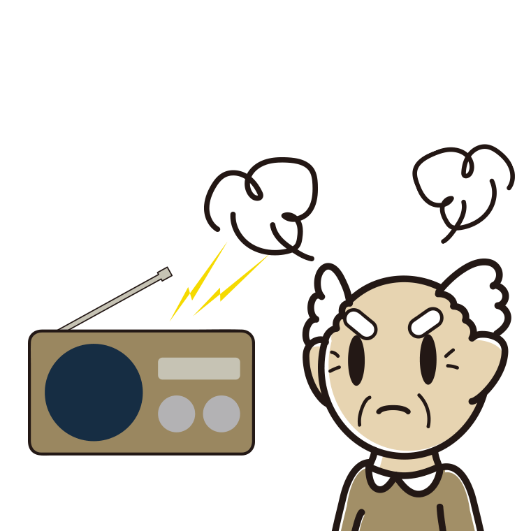 ラジオを聴いて怒るおじいさんのイラスト【色あり、背景なし】透過PNG