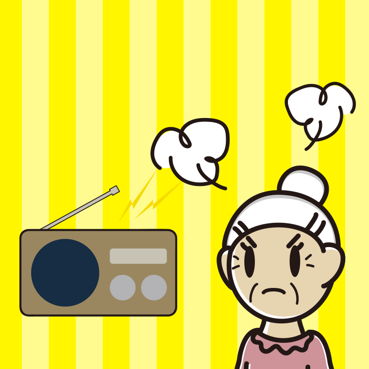ラジオを聴いて怒るおばあさんのイラスト【色、背景あり】PNG