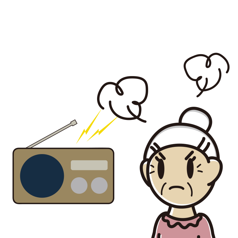 ラジオを聴いて怒るおばあさんのイラスト【色あり、背景なし】透過PNG