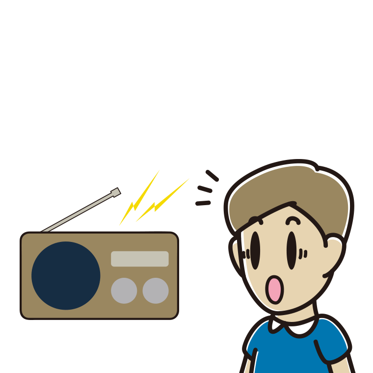 ラジオを聴いて驚く男性のイラスト【色あり、背景なし】透過PNG
