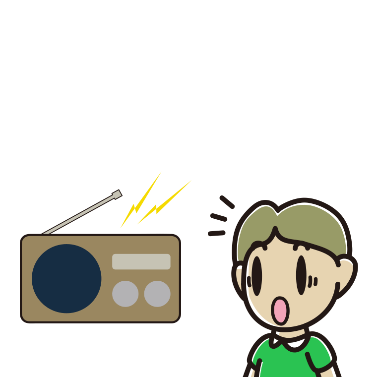 ラジオを聴いて驚く小学生男子のイラスト【色あり、背景なし】透過PNG