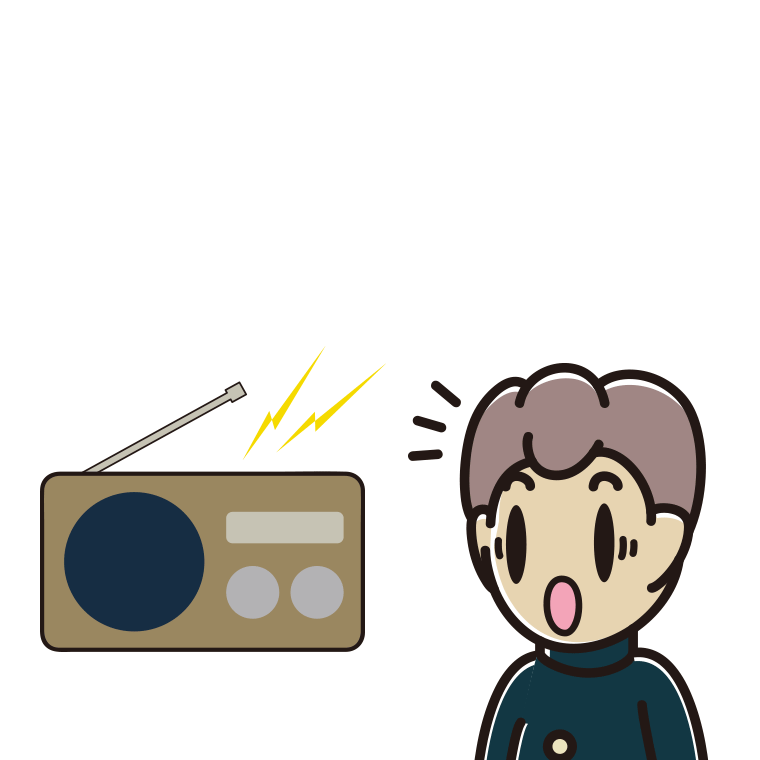 ラジオを聴いて驚く男子中学生のイラスト【色あり、背景なし】透過PNG