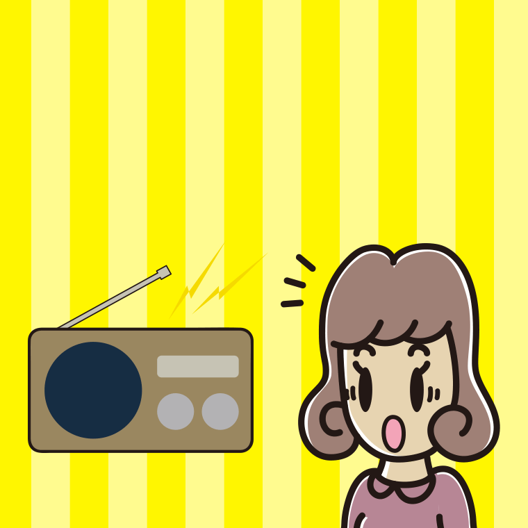 ラジオを聴いて驚く女子大学生のイラスト【色、背景あり】PNG