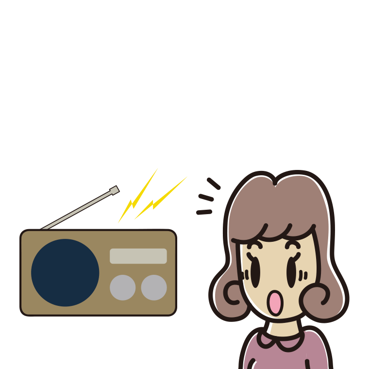 ラジオを聴いて驚く女子大学生のイラスト【色あり、背景なし】透過PNG
