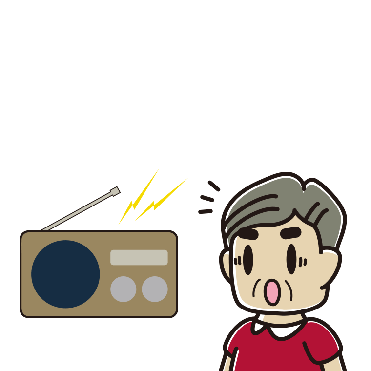 ラジオを聴いて驚くおじさんのイラスト【色あり、背景なし】透過PNG