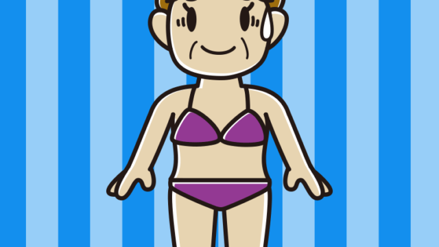苦笑いする水着のおばさんのイラスト【色、背景あり】PNG