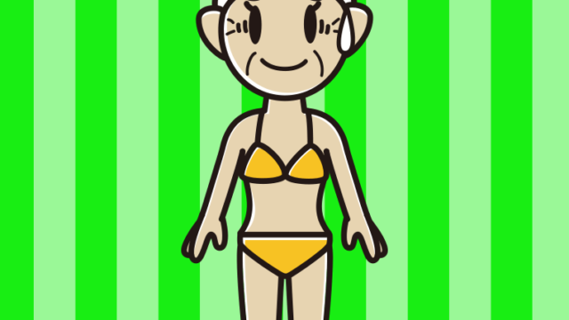 苦笑いする水着のおばあさんのイラスト【色、背景あり】PNG