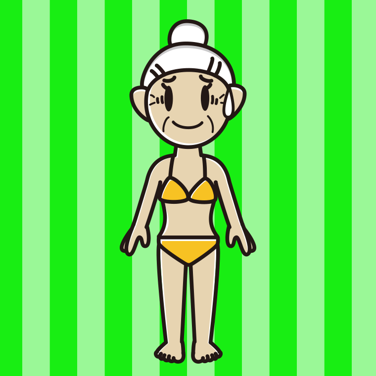 苦笑いする水着のおばあさんのイラスト【色、背景あり】PNG