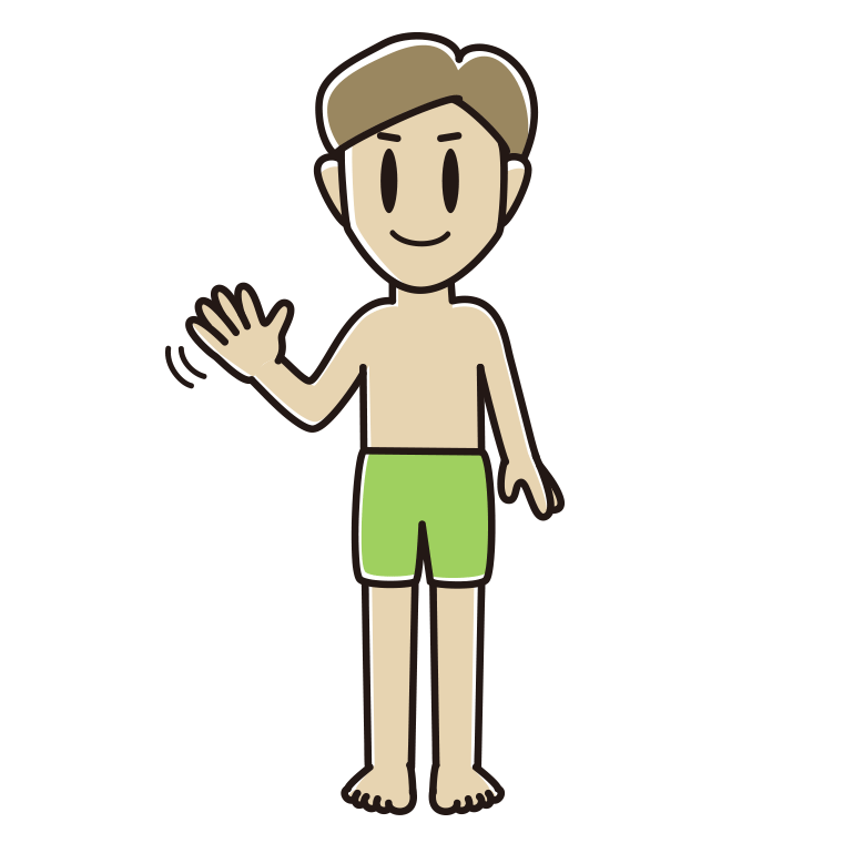手を振る水着の男性のイラスト【色あり、背景なし】透過PNG