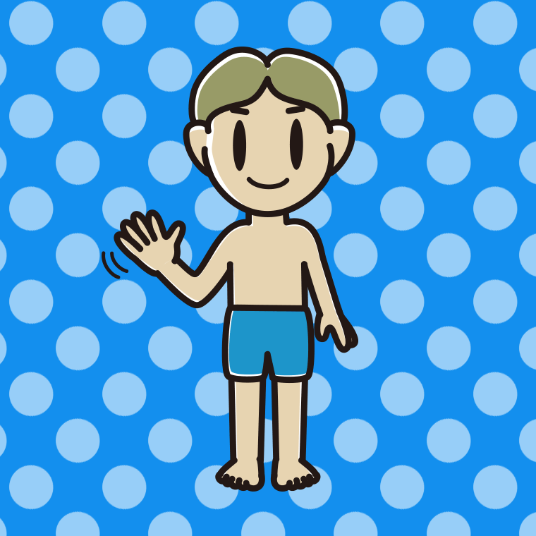 手を振る水着の小学生男子のイラスト【色、背景あり】PNG
