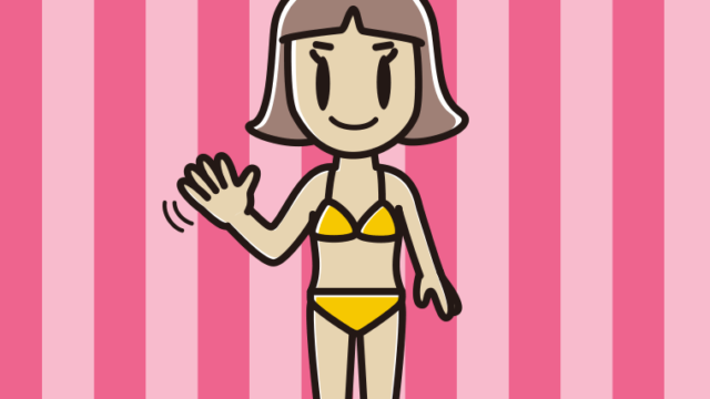 手を振る水着の小学生女子のイラスト【色、背景あり】PNG