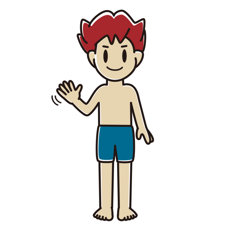 手を振る水着の男子大学生のイラスト【色あり、背景なし】透過PNG