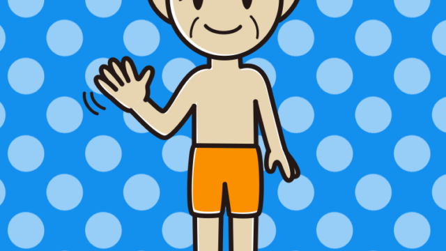手を振る水着のおじいさんのイラスト【色、背景あり】PNG