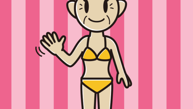 手を振る水着のおばあさんのイラスト【色、背景あり】PNG