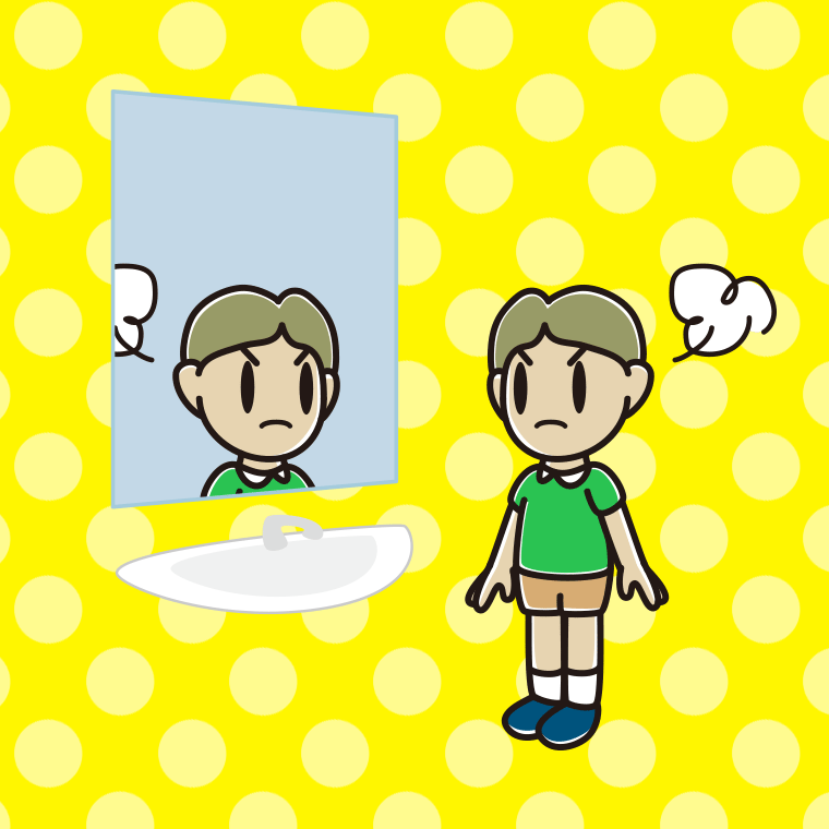 鏡を見て怒る小学生男子のイラスト【色、背景あり】PNG